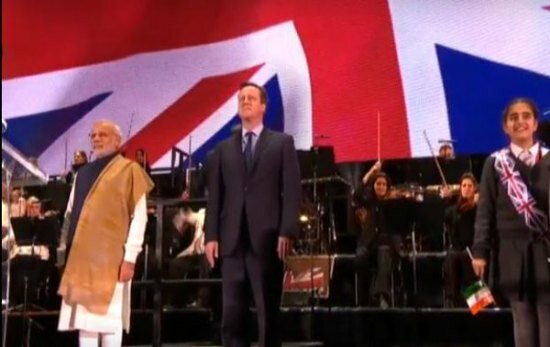 Narendra Modi UK visit 2015: Pics of electric atmosphere at Wembley Stadium for 'UKWelcomesModi' community reception Narendra Modi and David Cameron on stage at Wembley as national anthems of both countries were played
